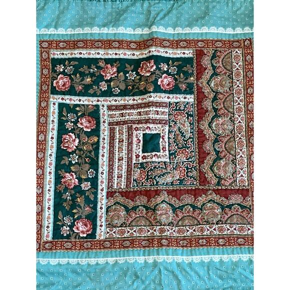 Pair Vintage Cottagecore Custom Quilt Ruffle Throw Pillow Cover 22" Green Brown - Picture 3 of 6